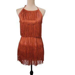 Burnt Orange Tied Backless Fringe Halter Romper / Playsuit Gently Used Condition